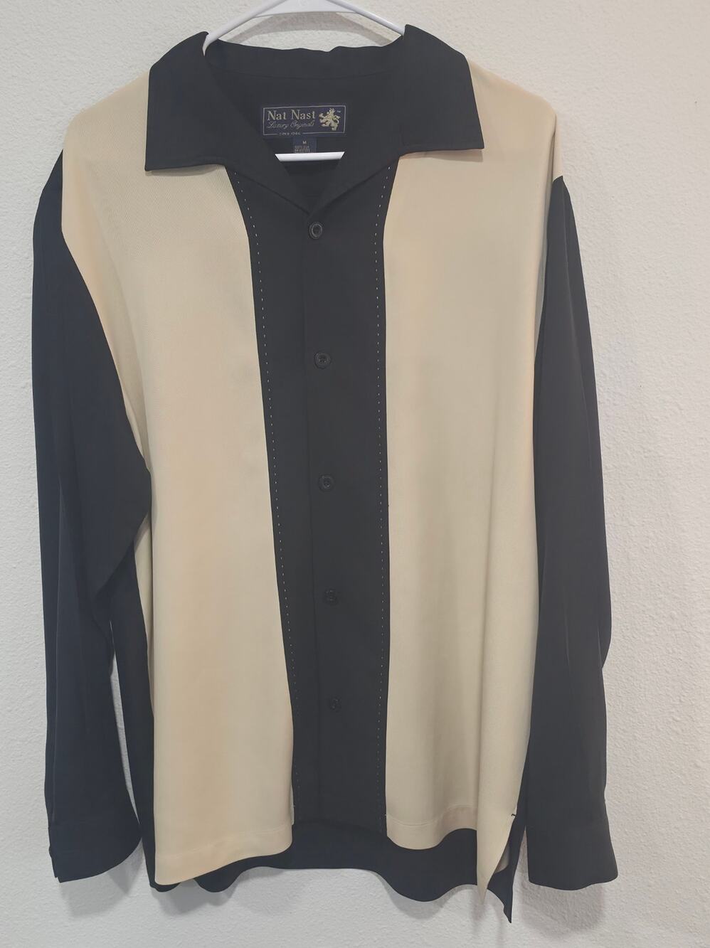 Nat Nast Luxury Originals Mens Medium Silk Long Sleeve Bowling Panel Shirt Black